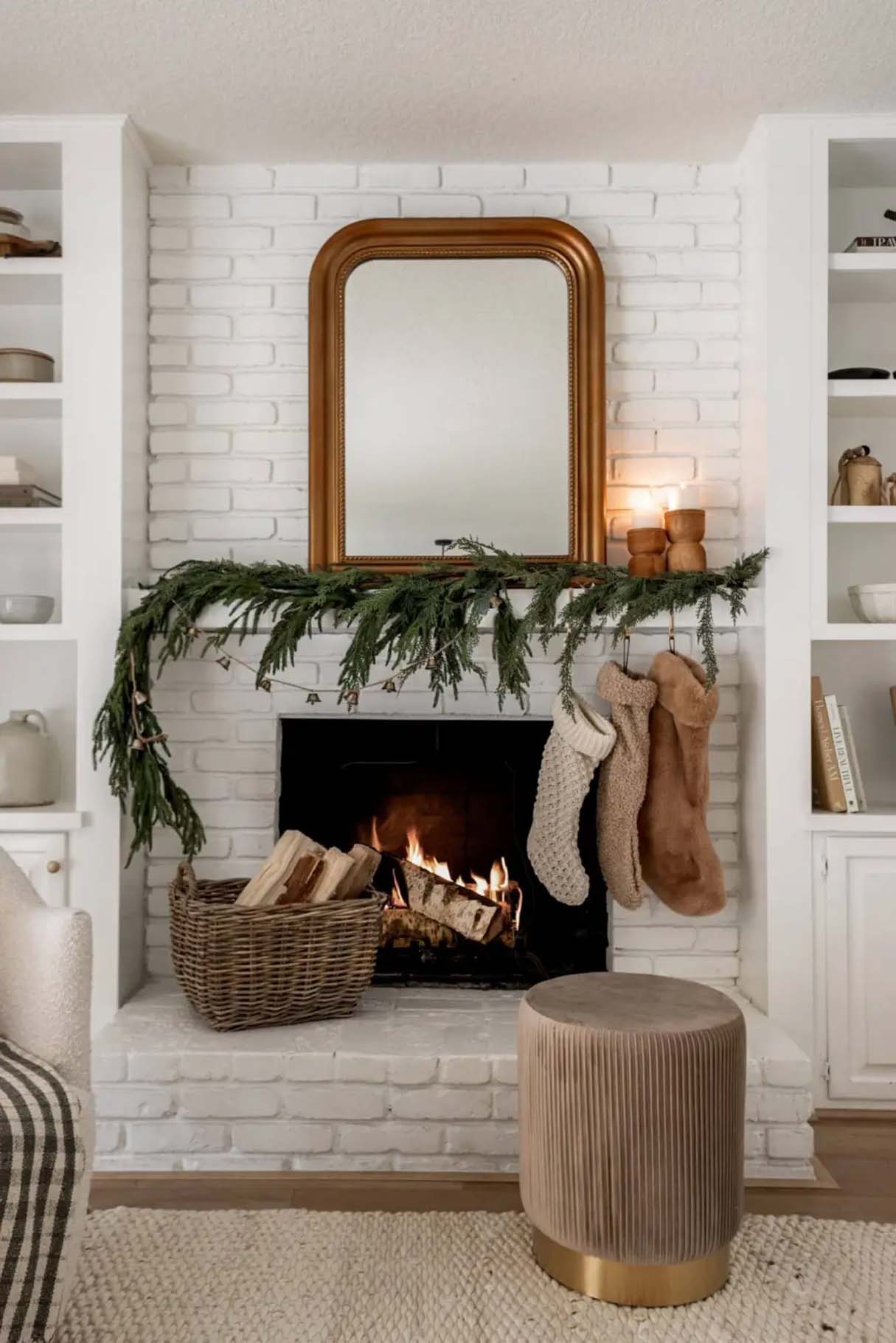 Christmas Fireplace Decor with Stockings and Greenery