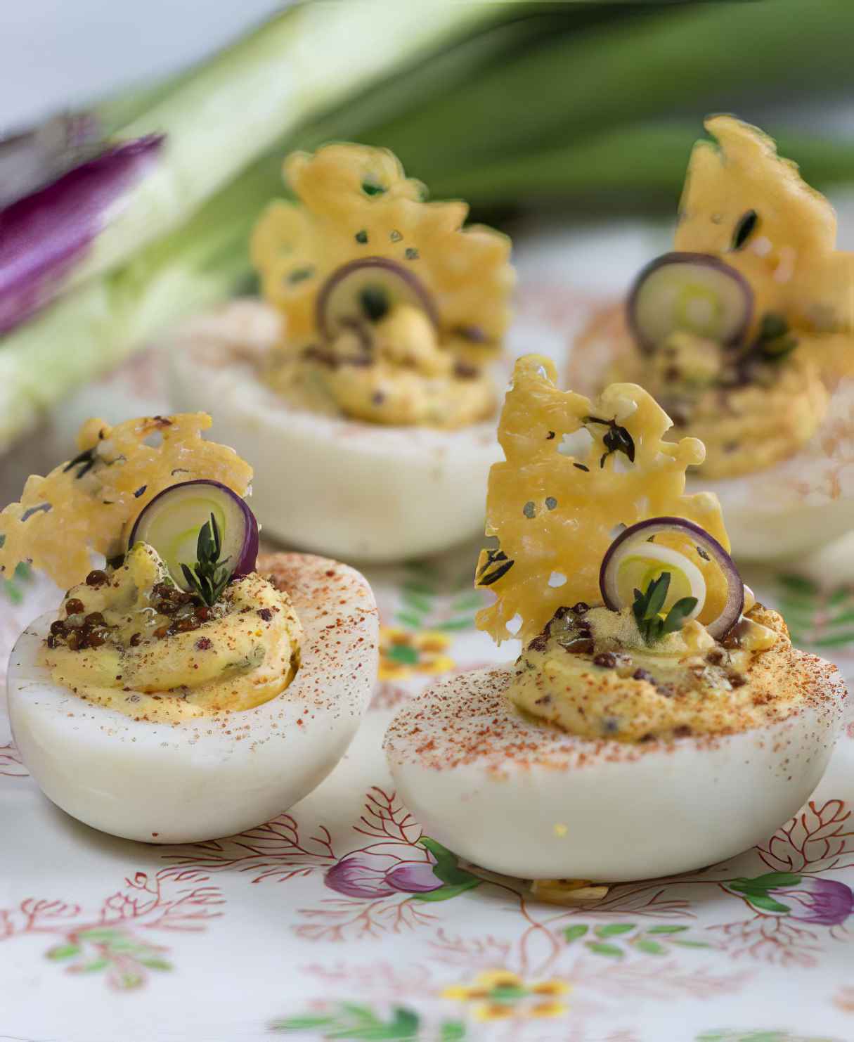 Deviled Eggs with Purple Scallions and Crisp Cheese Frico