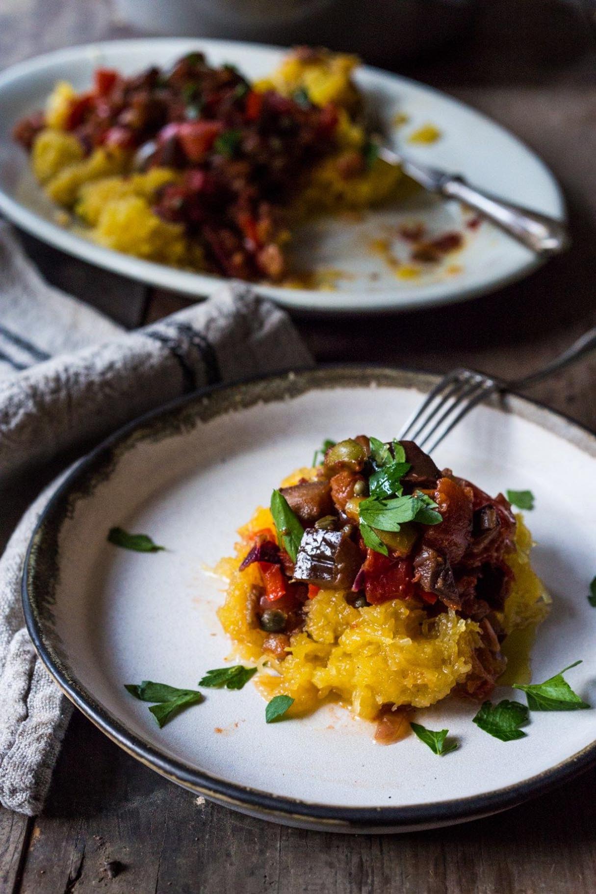 Rich, Robust, Vegan Roasted Spaghetti Squash with Eggplant Puttanesca Sauce