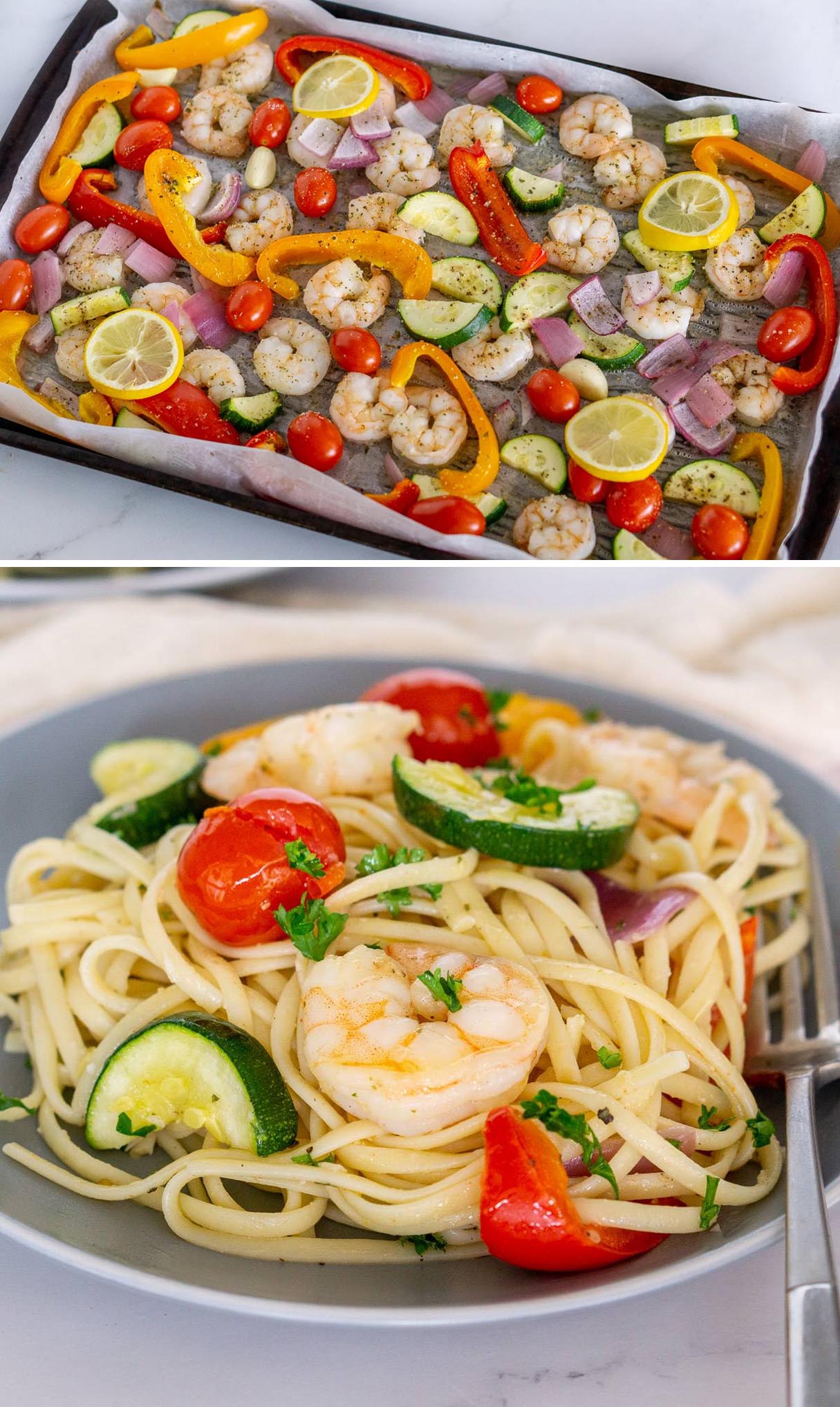 Sheet Pan Lemon Garlic Shrimp and Vegetable Linguine