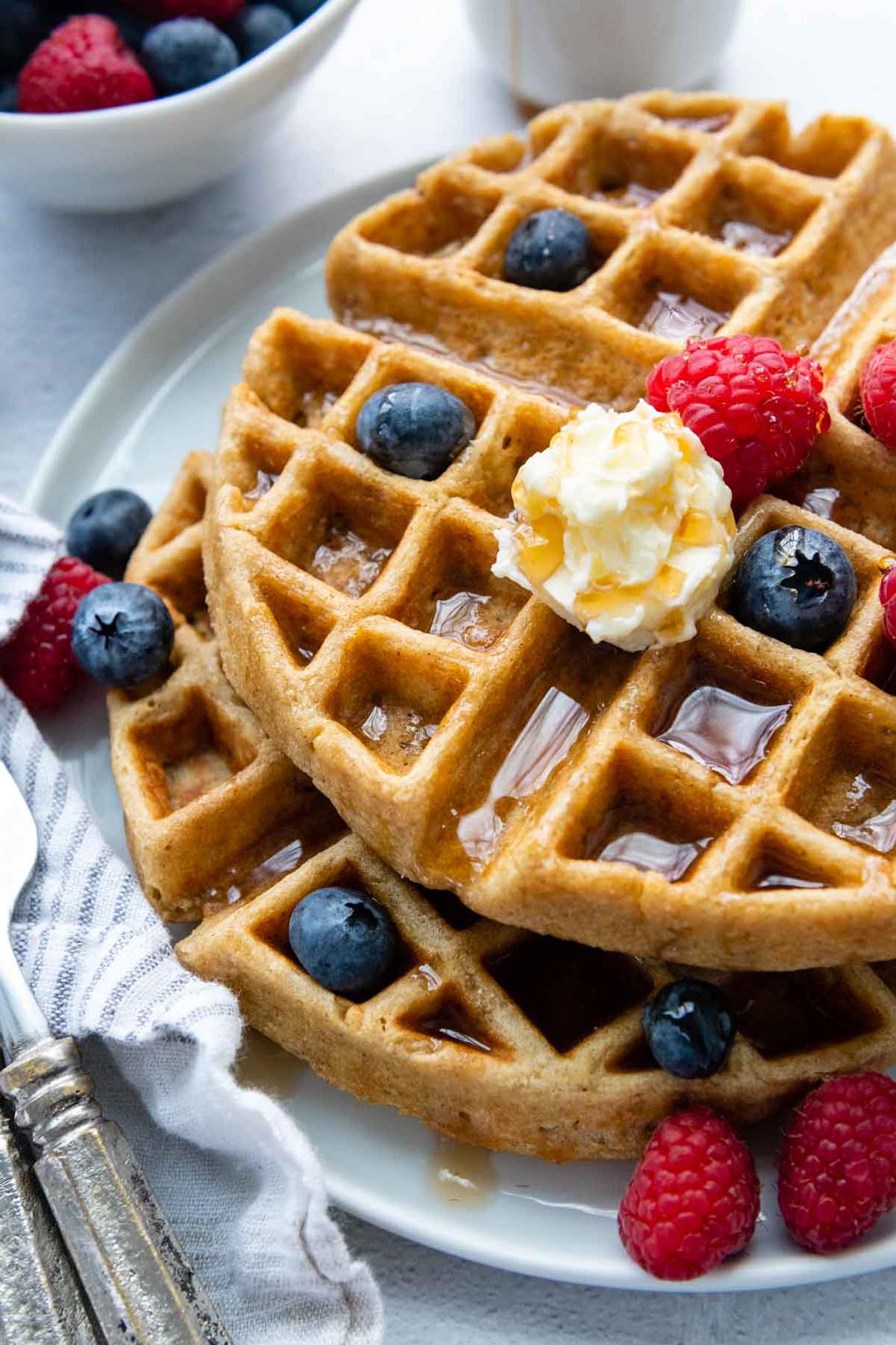 Fluffy, Crispy Oat Flour Waffles for a Gluten-free, Dairy-free, Egg-free, Vegan Breakfast