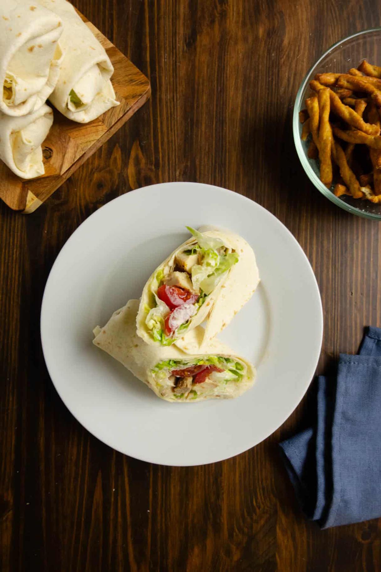 Chicken Caesar Wraps with Tortillas, Lettuce, Parmesan, & Cherry Tomatoes
