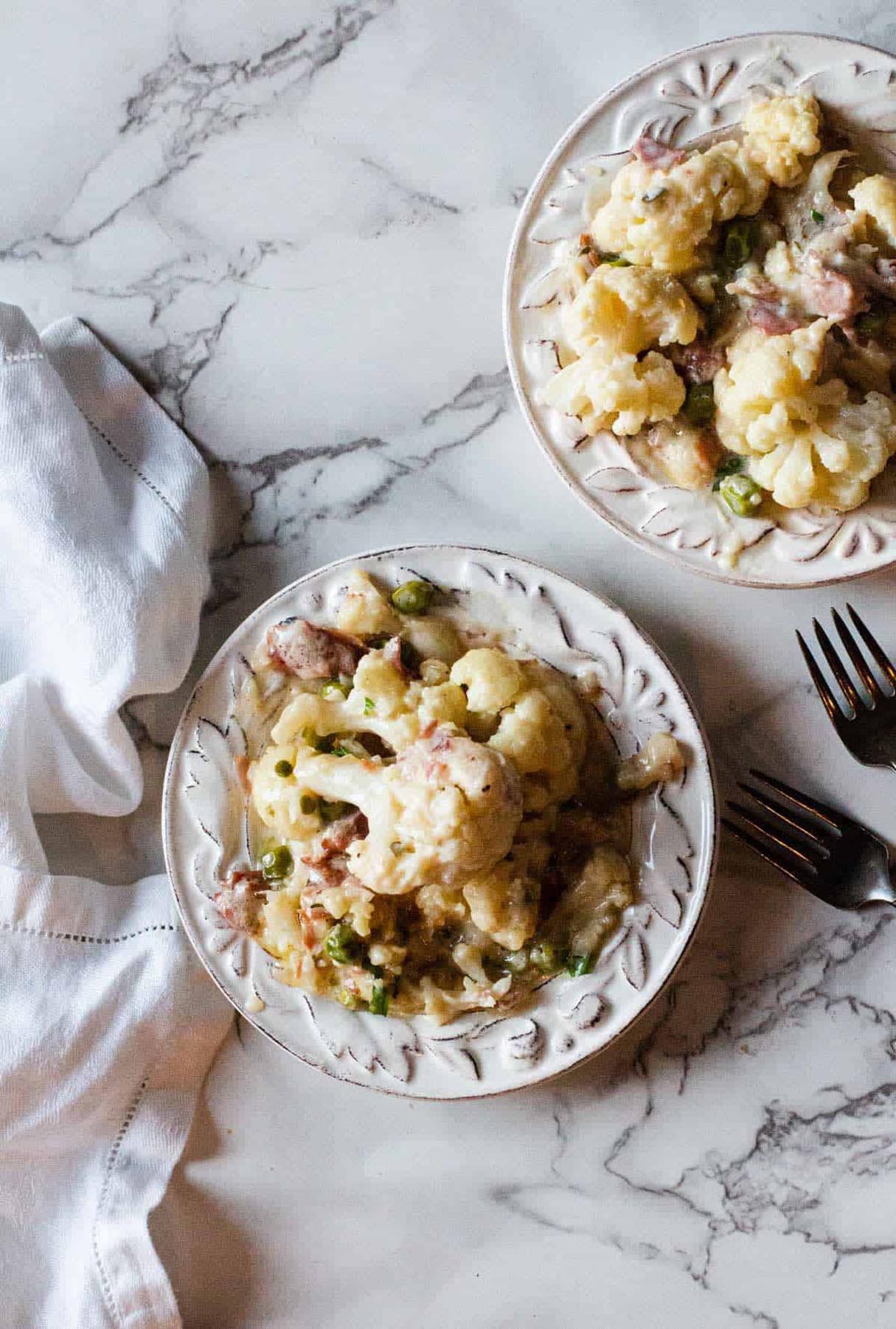 Swiss Cheese Creamed Cauliflower Casserole with Peas and Prosciutto