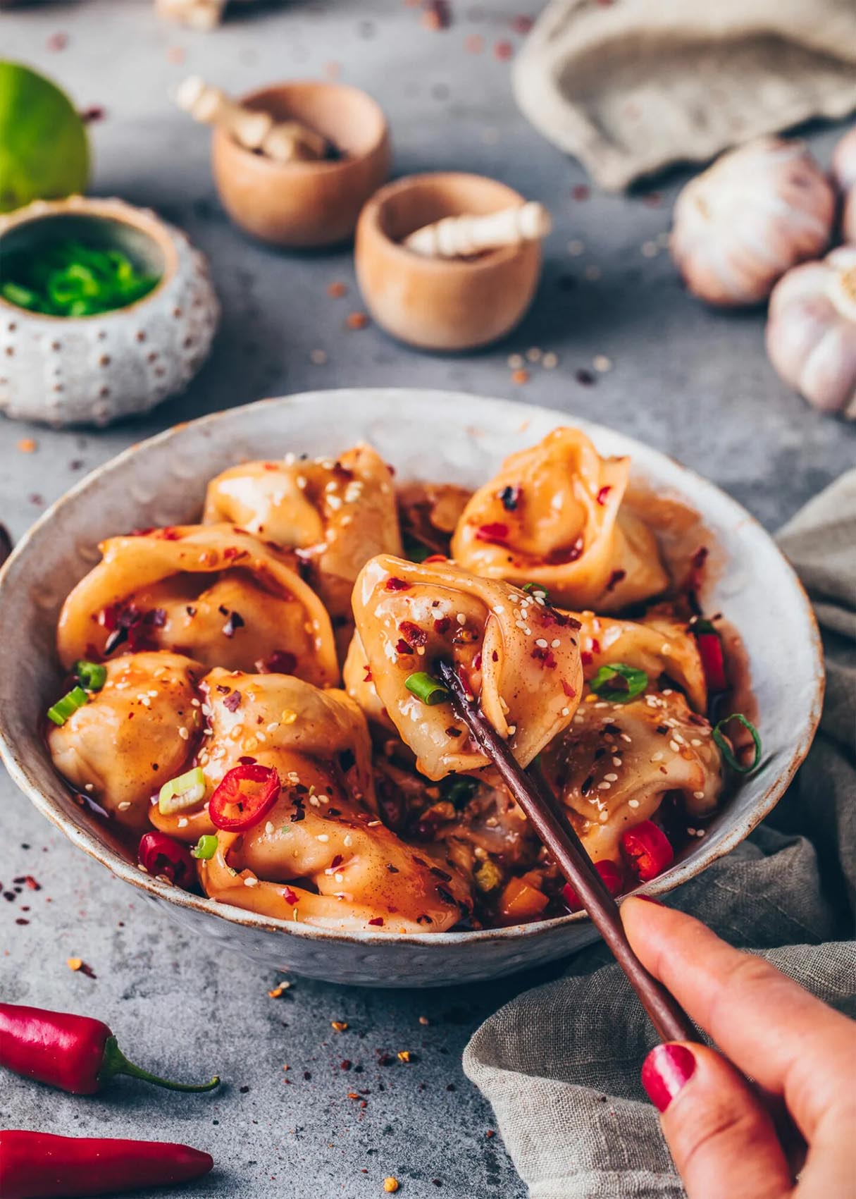 Vegan Sichuan Spicy Wonton Dumplings in Chili Sauce