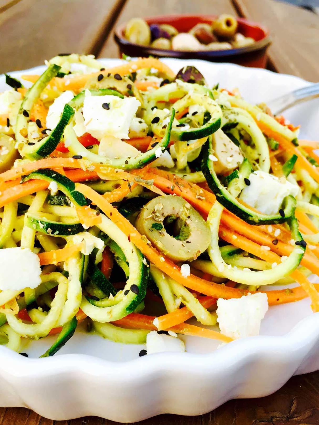 Vegetarian Pesto Courgette N’ Carrot Noodles With Feta Cheese And Olives
