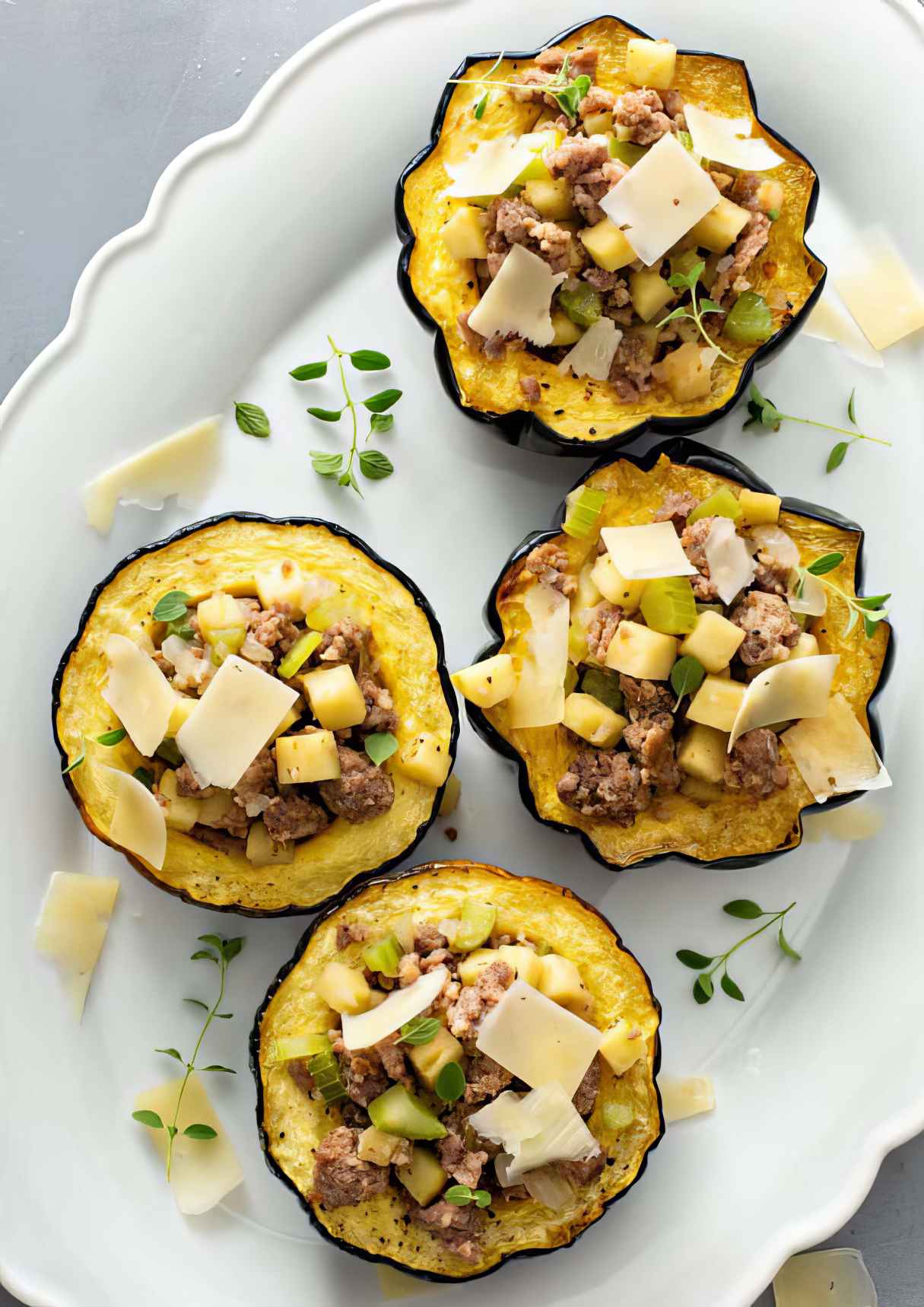 Hearty Sausage Stuffed Acorn Squash with Apple and Parmesan