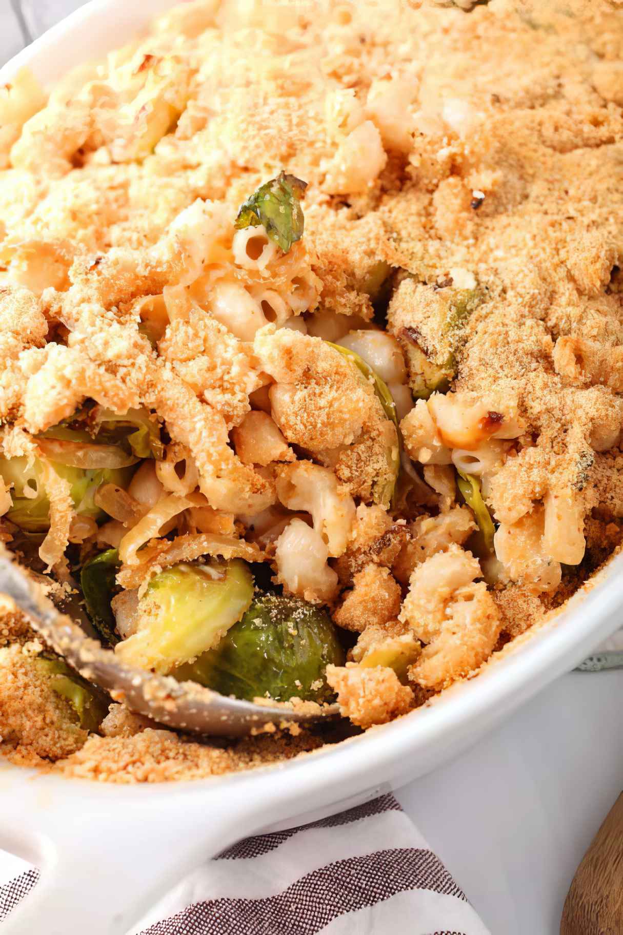 Vegan Mac and Cheese Casserole with Caramelized Onions and Brussels Sprouts